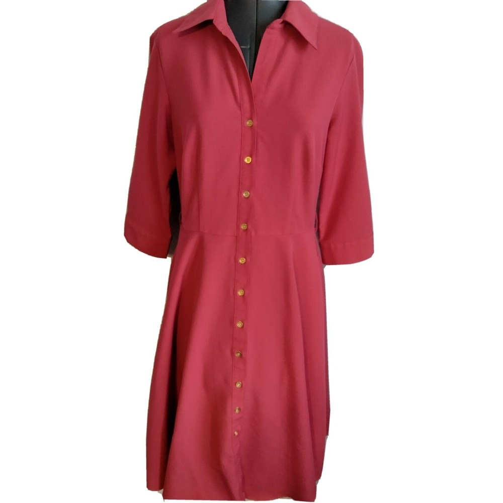 Sharagano Dress Size 4 Red 3/4 Roll Tab Sleeve Shirt Button Fit & Flare Knee S